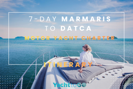 7-Day Marmaris To Datca Motor Yacht Charter Itinerary &Amp;Amp; Route: The Ultimate Guide | Yachttogo 3 A sleek luxury motor yacht anchored in a turquoise aegean cove near datça, turkey, surrounded by pine-covered hills.